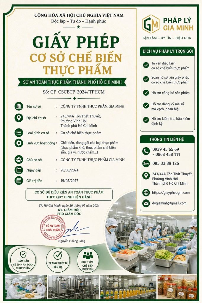 Giấy phép cơ sở chế biến thực phẩm TPHCM: Điều kiện, hồ sơ và quy trình cấp phép 1 Giấy phép cơ sở chế biến thực phẩm TPHCM